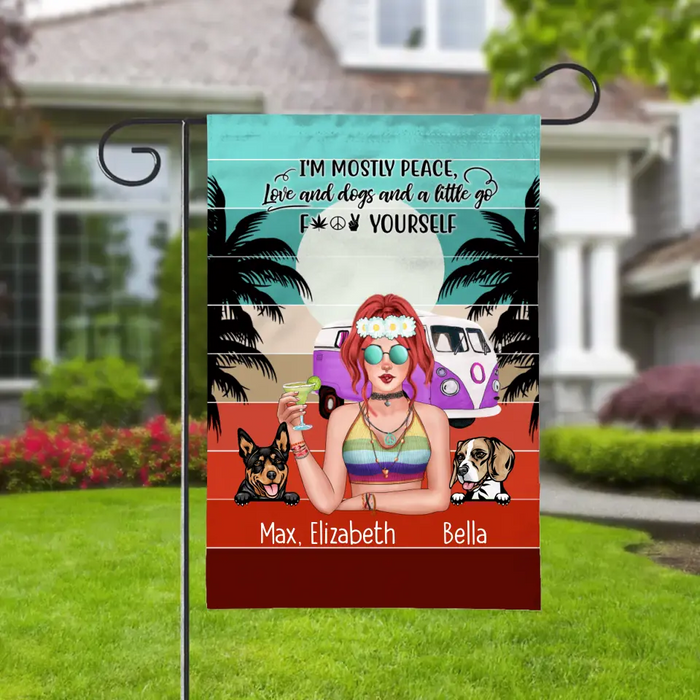 Personalized Garden Flag, Hippie Girl with Dogs Custom Gift For Dog and Hippie Lovers