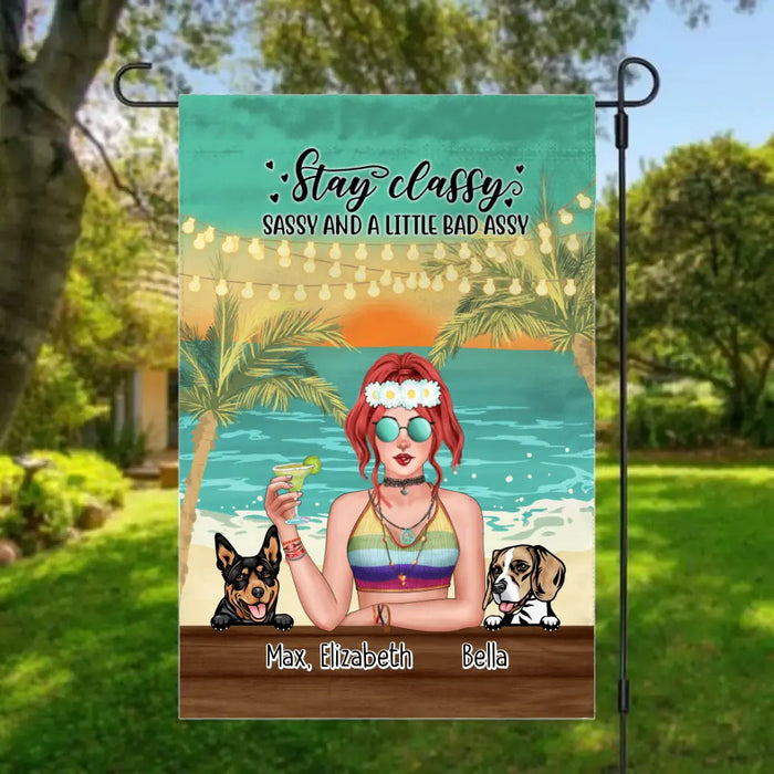 Personalized Garden Flag, Hippie Girl with Dogs On The Beach, Gifts For Hippie and Dog Lovers