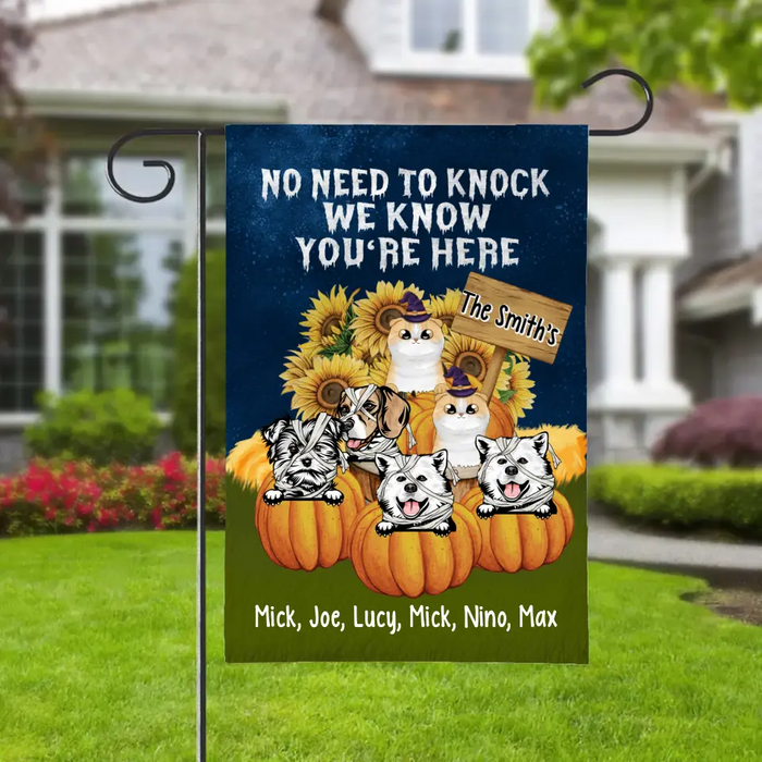 Personalized Garden Flag, Pumpkin Pets, No Need To Knock - Halloween Gift, Gift For Dog Lovers, Cat Lovers