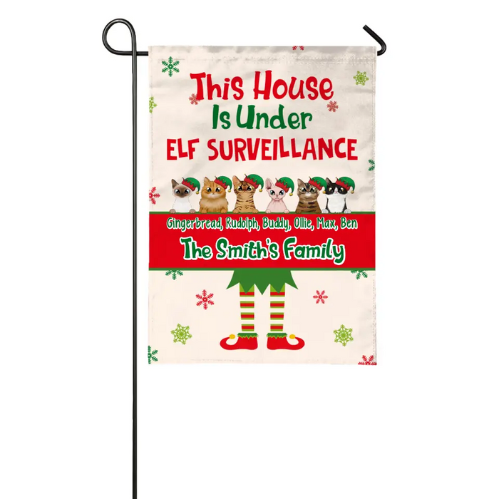 Personalized Garden Flag, Up To 6 Cats, This House Is Under Elf Surveillance, Christmas Gift For Cat Lovers