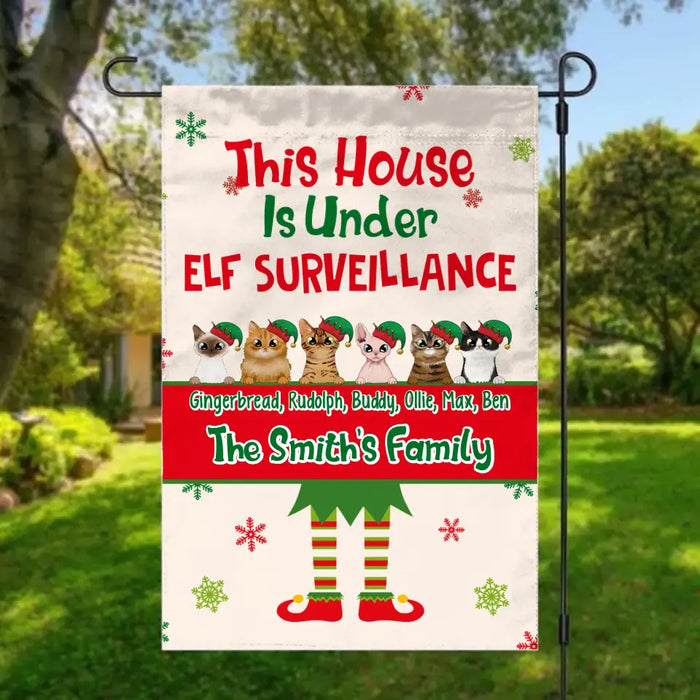 Personalized Garden Flag, Up To 6 Cats, This House Is Under Elf Surveillance, Christmas Gift For Cat Lovers