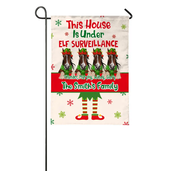 Personalized Garden Flag, Up To 4 Horses, This House Is Under Elf Surveillance, Christmas Gift For Horse Lovers