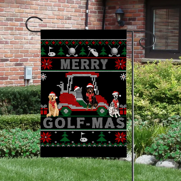 Personalized Garden Flag, Merry Golf-Mas With Pets, Christmas Gift For Golfing Lovers, Dog And Cat Lovers