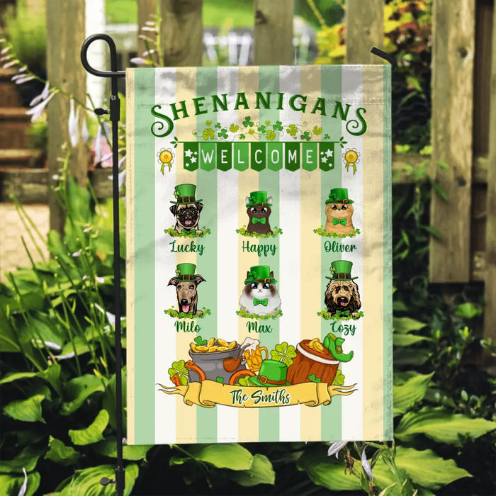 Shenanigans Welcome - Personalized Garden Flag For Family, Dog Lovers, Cat Lovers, St. Patrick's Day