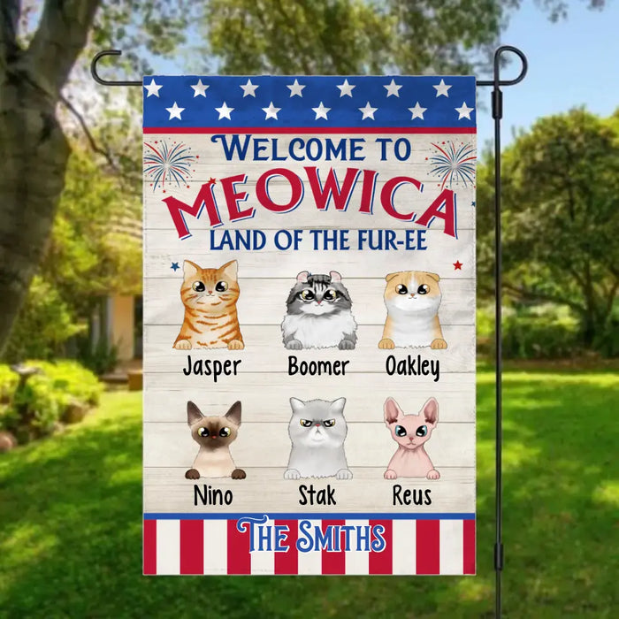 Welcome To Meowica Land Of The Furee - Personalized Garden Flag For Cat Lovers