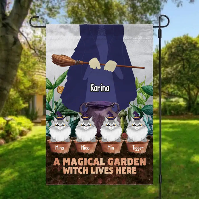 A Magical Garden Witch Lives Here - Personalized Halloween Gifts Custom Garden Flag For Witches, Cat Lovers