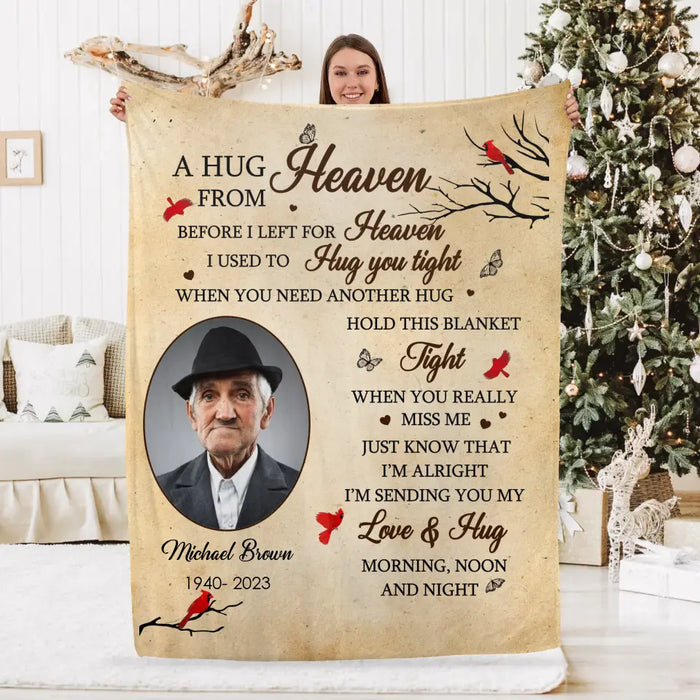 A Hug From Heaven Before I Left For Heaven I Used To Hug You Tight - Personalized Photo Upload Gifts Custom Memorial Blanket For Loss Of Loved Ones