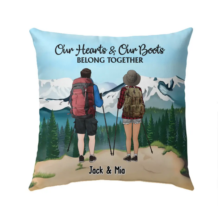 Our Heart Our Boots Belong Together - Personalized Gifts Custom Pillow For Couples, Hiking Lovers