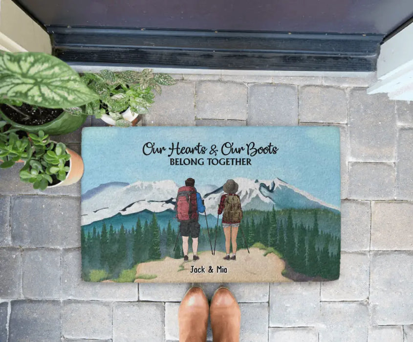 Our Hearts & Our Boots Belong Together - Personalized Gifts Custom Doormat for Couples, Hiking Lovers
