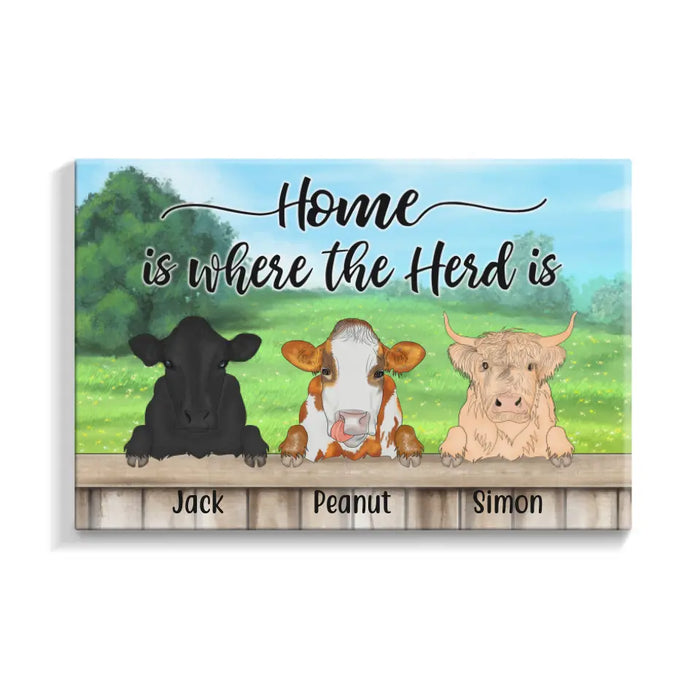 Personalized Canvas, Cow Peeking Home Is Where The Herd Is Custom Gift For Farmers