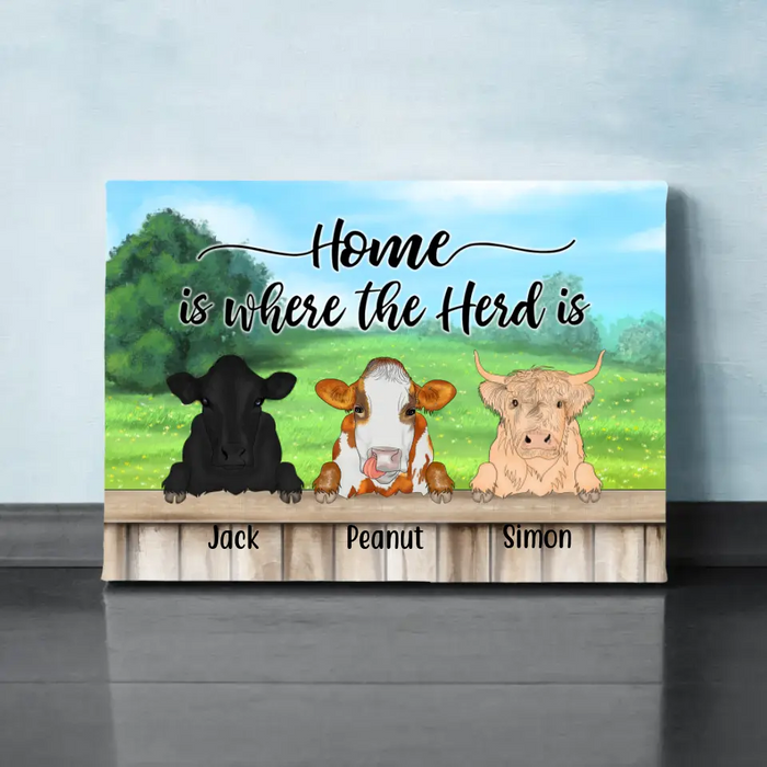 Personalized Canvas, Cow Peeking Home Is Where The Herd Is Custom Gift For Farmers