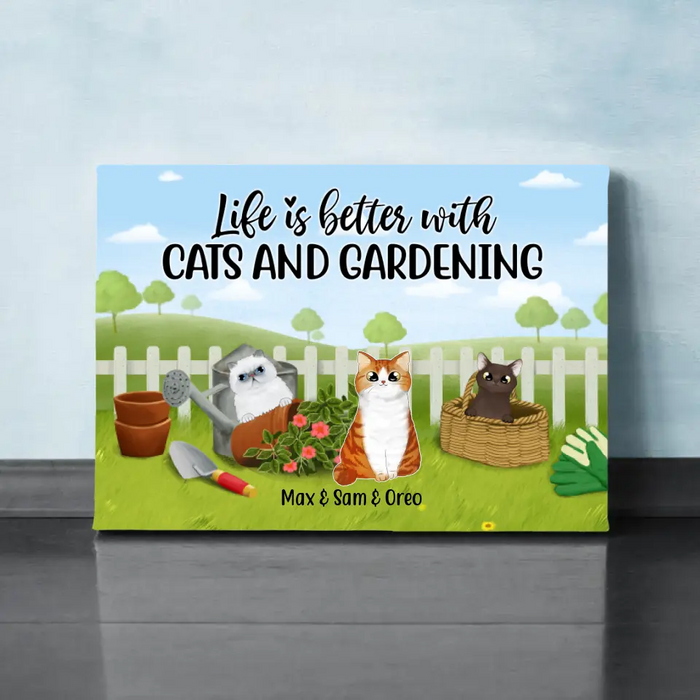 Personalized Canvas, Life Is Better With Cats and Gardening, Gift for Cat Lovers, Gardeners