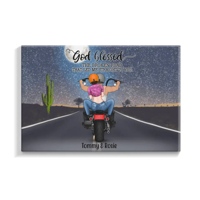 Personalized Landscape Canvas, Motorcycle Couple, Gift For Bikers