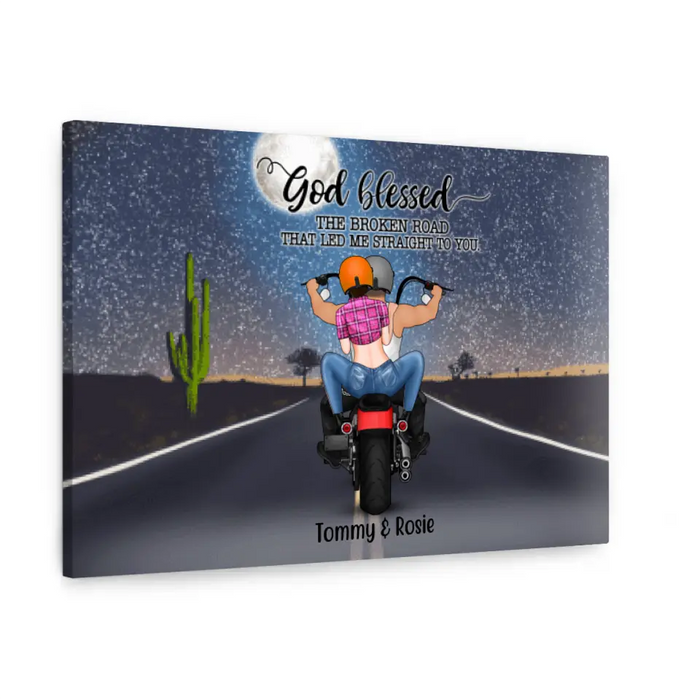 Personalized Landscape Canvas, Motorcycle Couple, Gift For Bikers