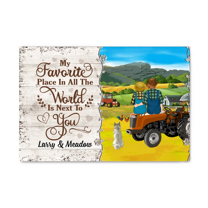 Personalized Canvas, My Favorite Place In All The World Is Next To You, Farming Couple Sitting On Tractor, Up To 3 Dogs, Gift For Farmers, Dog Lovers