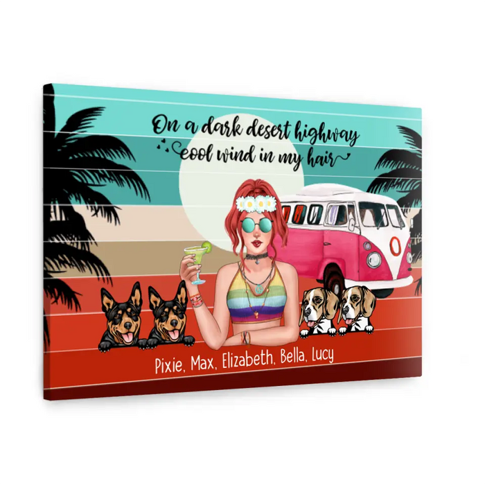 Personalized Landscape Canvas, Hippie Girl with Dogs Custom Gift For Dog and Hippie Lovers