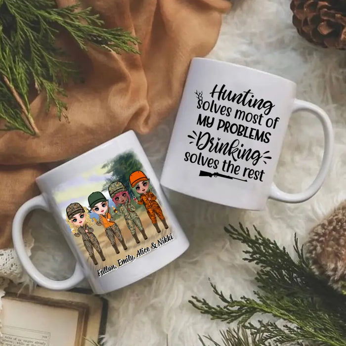 Up To 4 Chibi Hunting Solves Most Of My Problems - Personalized Mug For Her, Friends, Sister, Hunting