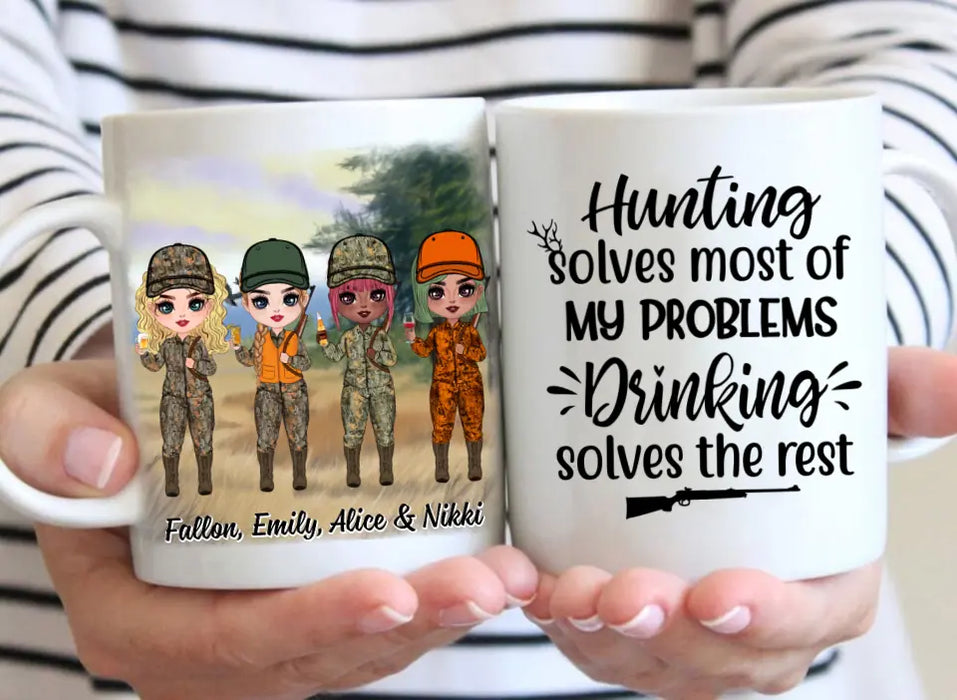 Up To 4 Chibi Hunting Solves Most Of My Problems - Personalized Mug For Her, Friends, Sister, Hunting