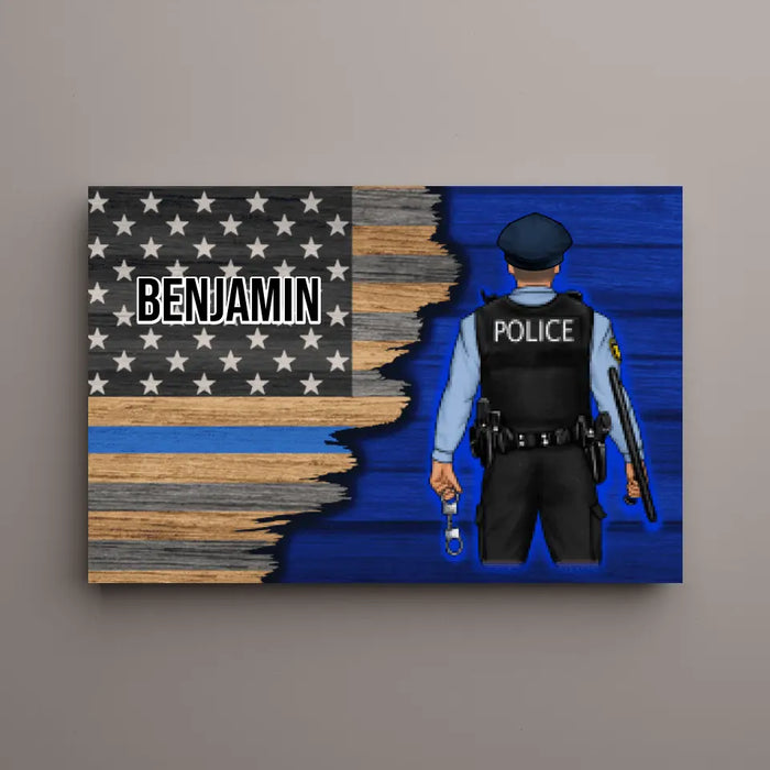 Personalized Canvas, Thin Line Blue American Flag, Gift For Police Officers