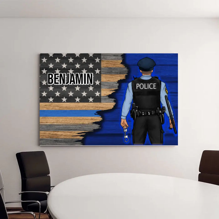 Personalized Canvas, Thin Line Blue American Flag, Gift For Police Officers