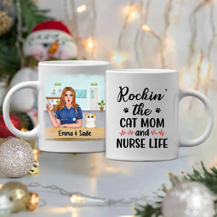 Personalized Mug, Nurse And Cats, Rockin' The Cat Mom And Nurse Life, Gift For Nurses And Cat Lovers