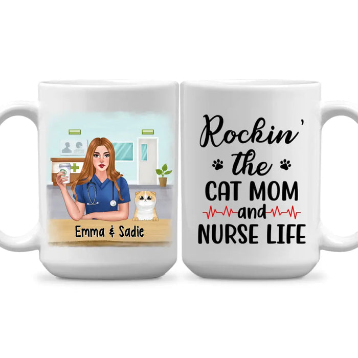 Personalized Mug, Nurse And Cats, Rockin' The Cat Mom And Nurse Life, Gift For Nurses And Cat Lovers