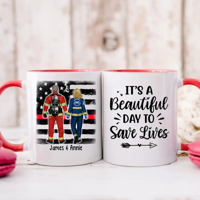 Couple Friends Save Lives - Personalized Mug Firefighter, EMS, Police Officer, Military, Nurse