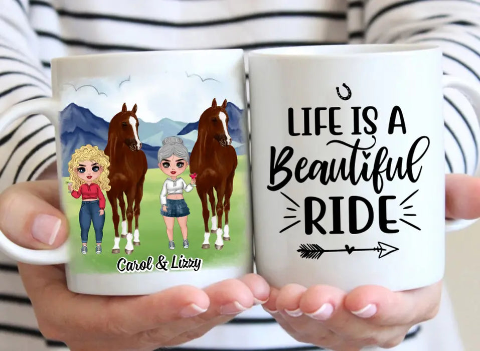 Personalized Mug, Up To 3 Girls, Life Is A Beautiful Ride, Chibi Sisters Drinking, Gift For Sisters, Friends, Horse Riding Lovers