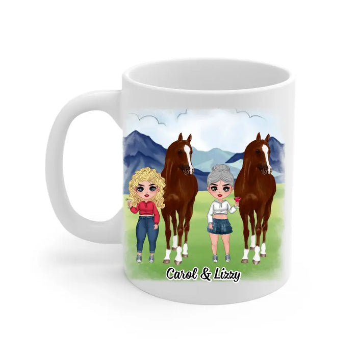 Personalized Mug, Up To 3 Girls, Life Is A Beautiful Ride, Chibi Sisters Drinking, Gift For Sisters, Friends, Horse Riding Lovers