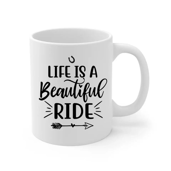 Personalized Mug, Up To 3 Girls, Life Is A Beautiful Ride, Chibi Sisters Drinking, Gift For Sisters, Friends, Horse Riding Lovers