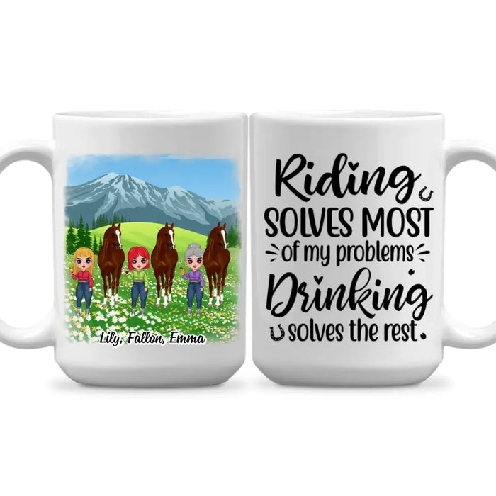 Personalized Mug, Up To 3 Girls, Life Is A Beautiful Ride, Chibi Sisters Drinking, Gift For Sisters, Friends, Horse Riding Lovers