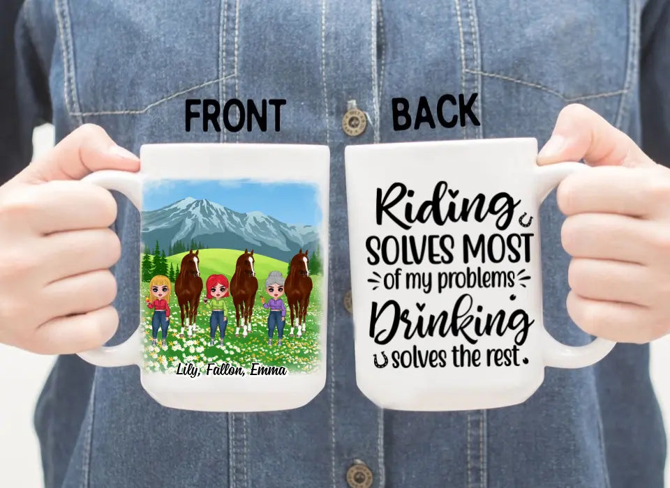 Personalized Mug, Up To 3 Girls, Life Is A Beautiful Ride, Chibi Sisters Drinking, Gift For Sisters, Friends, Horse Riding Lovers