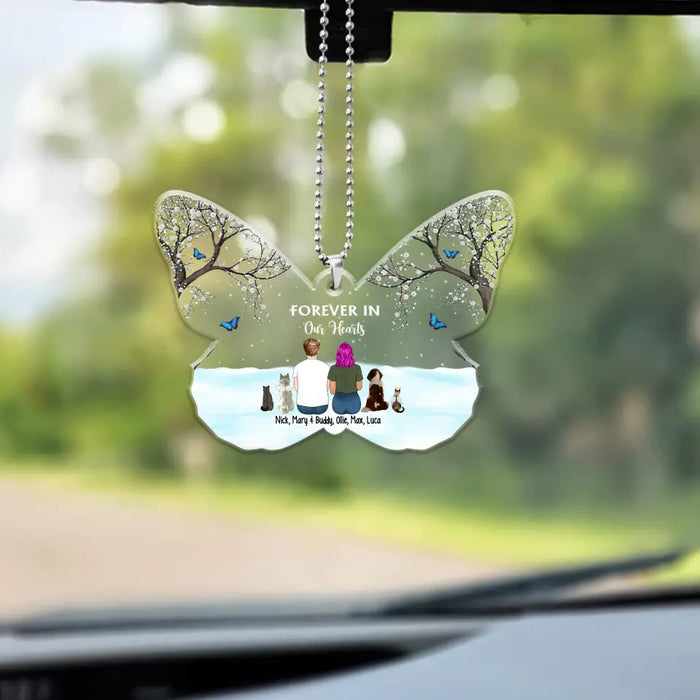 Forever In Our Hearts - Personalized Gifts Custom Car Ornament, Couples With Pets, Pet Loss Memorial Gifts
