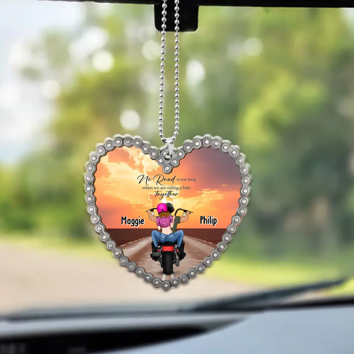 No Road Is Too Long When We Are Riding a Bike Together - Personalized Gifts Custom Car Ornament for Couples, Motorcycle Lovers
