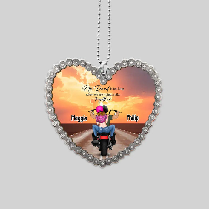 No Road Is Too Long When We Are Riding a Bike Together - Personalized Gifts Custom Car Ornament for Couples, Motorcycle Lovers