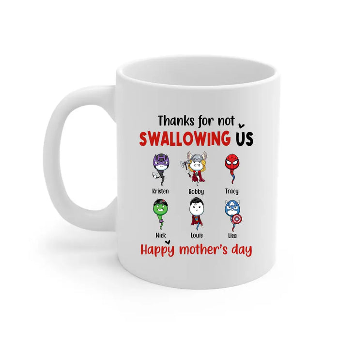 Thanks for Not Swallowing Us - Personalized Gifts Custom Superheroes Mug for Mom, Funny Mother's Day Gift