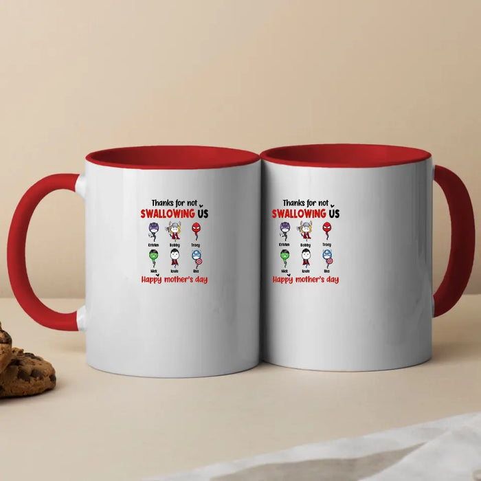 Thanks for Not Swallowing Us - Personalized Gifts Custom Superheroes Mug for Mom, Funny Mother's Day Gift