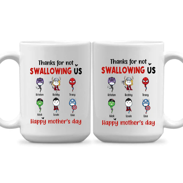 Thanks for Not Swallowing Us - Personalized Gifts Custom Superheroes Mug for Mom, Funny Mother's Day Gift