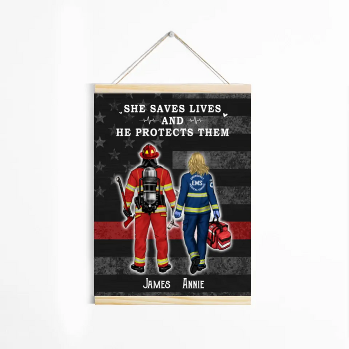 Saving Lives Together - Personalized Magnetic Canvas Frame For Firefighter, EMS, Police Officer, Military, Nurse Couples
