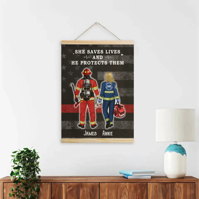 Saving Lives Together - Personalized Magnetic Canvas Frame For Firefighter, EMS, Police Officer, Military, Nurse Couples
