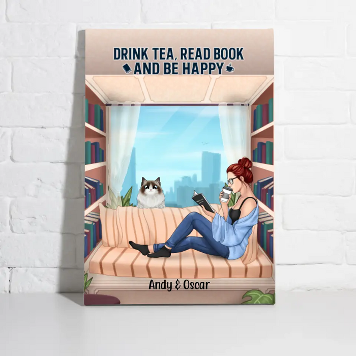 Personalized Canvas, Woman Reading Book With Pet Custom Gift For Cat Dog Lovers