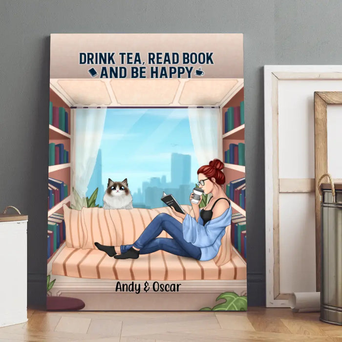 Personalized Canvas, Woman Reading Book With Pet Custom Gift For Cat Dog Lovers