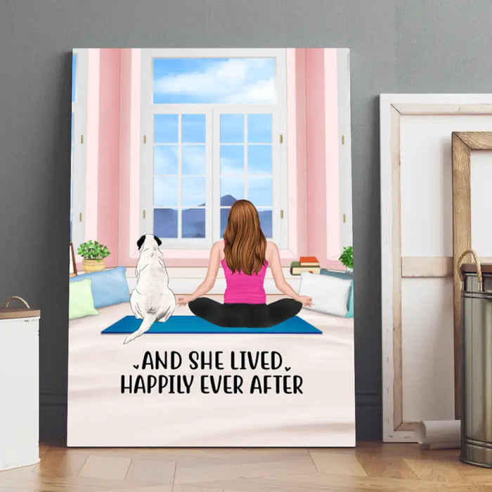 Personalized Canvas, Yoga Girl With Pets In House, Custom Gift For Yoga, Dog And Cat Lovers