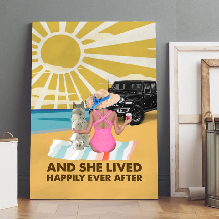 Personalized Canvas, Woman Drinking & Sitting With Dogs On Beach, Gift for Beach, Dog Lovers