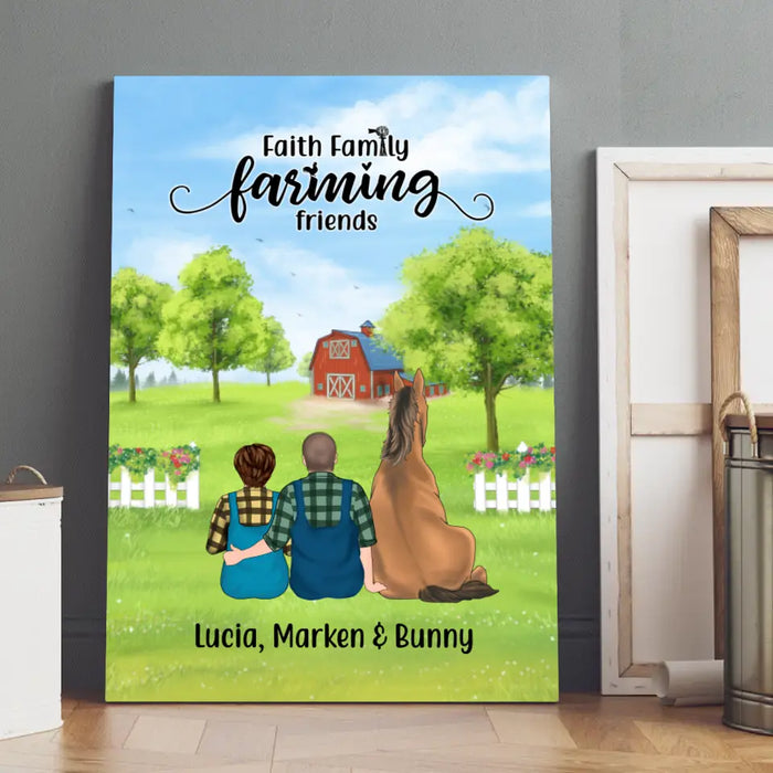 Personalized Canvas, Farming Couple With Horse, Cat And Dog - Up To 3 Pets, Gift for Farming And Pet Lovers