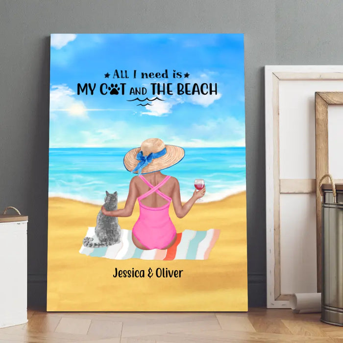 Personalized Canvas, Woman Drinking On Beach With Cats, Gift for Beach, Cat Lovers