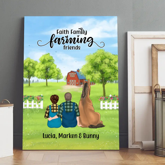 Personalized Canvas, Farming Couple With Horse, Cat And Dog - Up To 3 Pets, Gift for Farming And Pet Lovers