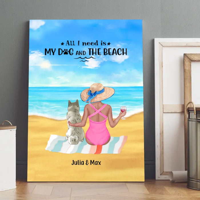 Personalized Canvas, Woman Sitting With Dogs On Beach and Drinking, Gift for Beach Lover, Dog Lover