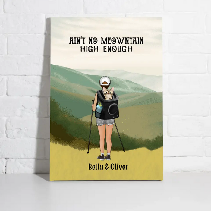 Personalized Canvas, Woman Hiking With Cat, Gift for Cat Lover, Hiking Lover