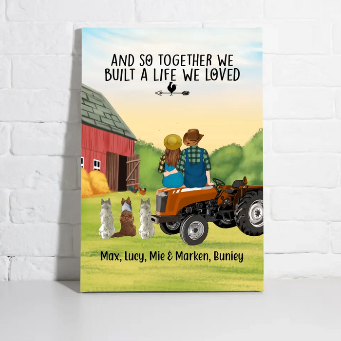 Personalized Canvas, Farming Couple On Tractor With Dogs, Gift For Farmers, Gift For Dog Lovers